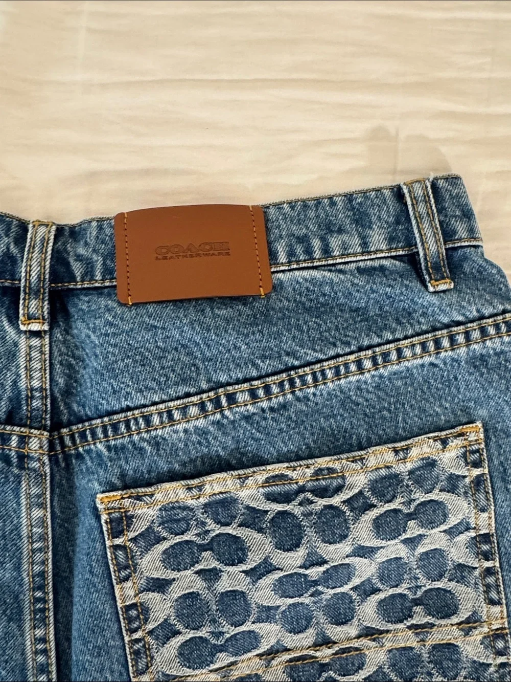Coach Men's Medium Blue Denim Carpenter skater Shorts with Signature Pocket